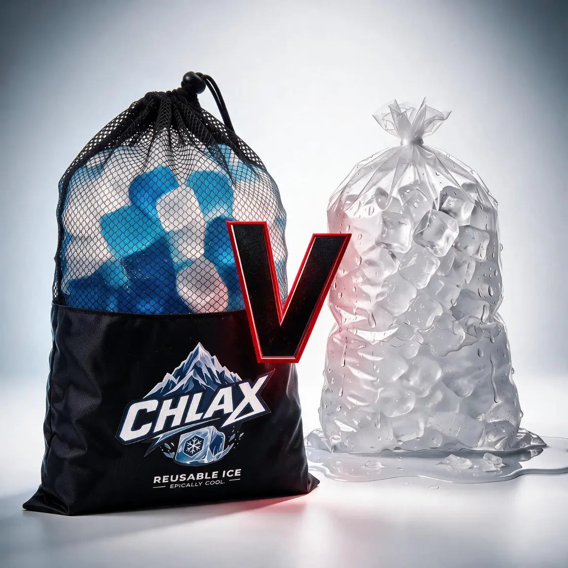 CHLAX reusable ice cubes compared with melted single-use ice