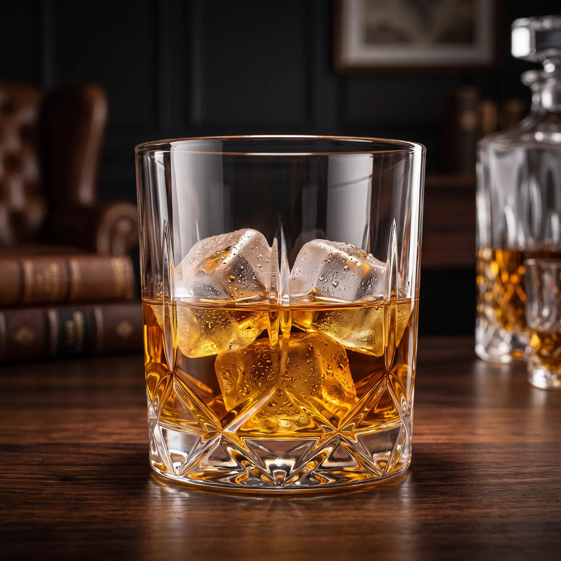 Glass of whisky chilled with CHLAX reusable ice cubes