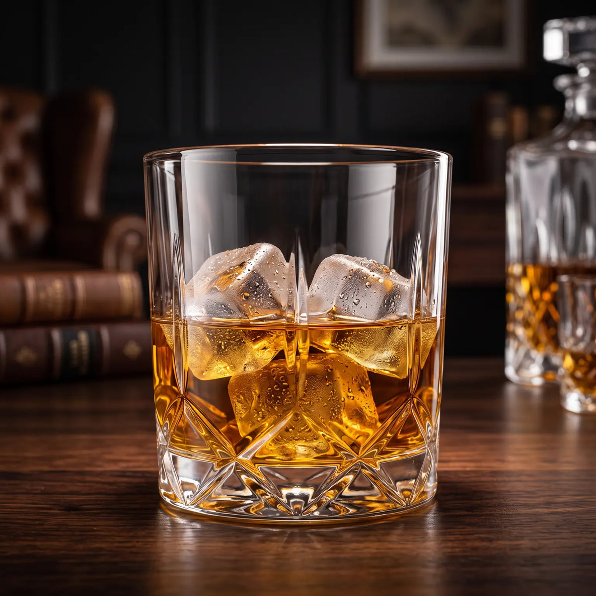 Glass of whisky chilled with CHLAX reusable ice cubes