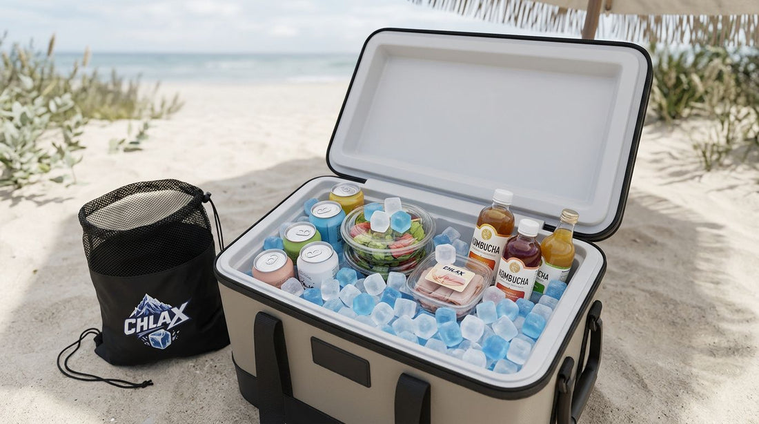 Esky packed properly at an Australian beach with CHLAX reusable ice cubes on the bottom and between food and drinks, with no melt water