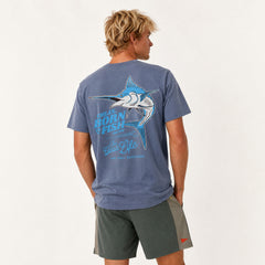 A man shown from the back wearing a faded slate blue t-shirt with a large marlin graphic and 'CHLAX Born to Fish Good Life' text, paired with dark gray shorts, against a plain white background.