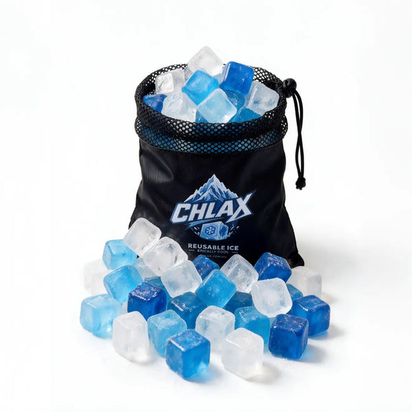 A black mesh drawstring bag with the CHLAX 3D logo, filled with reusable ice cubes and with several more scattered in front on a white background.
