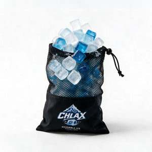 A black mesh drawstring bag filled with reusable ice cubes, featuring the CHLAX logo printed on the front, set against a plain white background.
