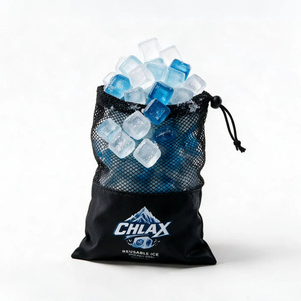 A black mesh drawstring bag filled with reusable ice cubes, featuring the CHLAX logo printed on the front, set against a plain white background.