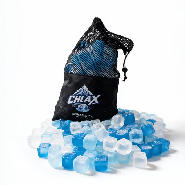 A black mesh drawstring bag with the brand name CHLAX printed on the front, filled with reusable blue and clear ice cubes, arranged on a white background.
