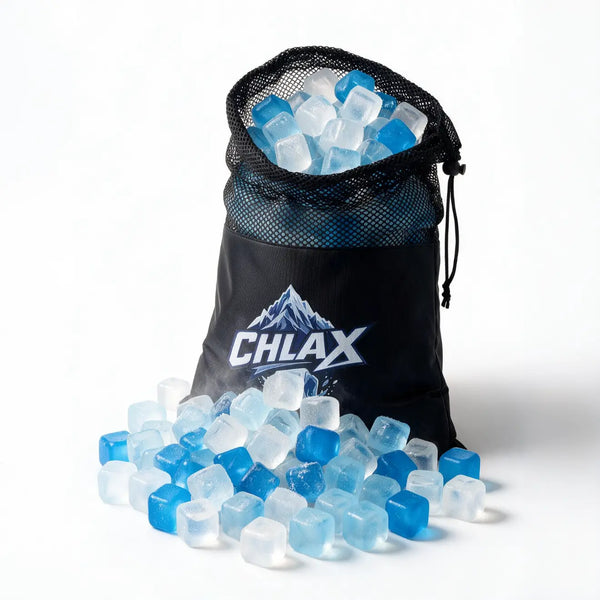 A black mesh drawstring bag with the brand name CHLAX printed in white on the front, filled with translucent blue and clear ice cubes, with more cubes spilled in front on a white studio background.