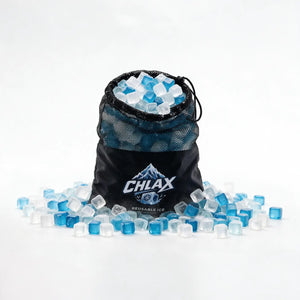 A black mesh drawstring bag filled with reusable ice cubes, with several blue and clear ice cubes scattered around the base. The bag features the CHLAX logo and the words 'REUSABLE ICE'.