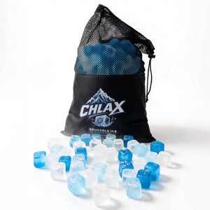 A black mesh drawstring bag with the brand name CHLAX printed on the front, filled with reusable translucent ice cubes, with several blue and clear ice cubes scattered in front on a white background.