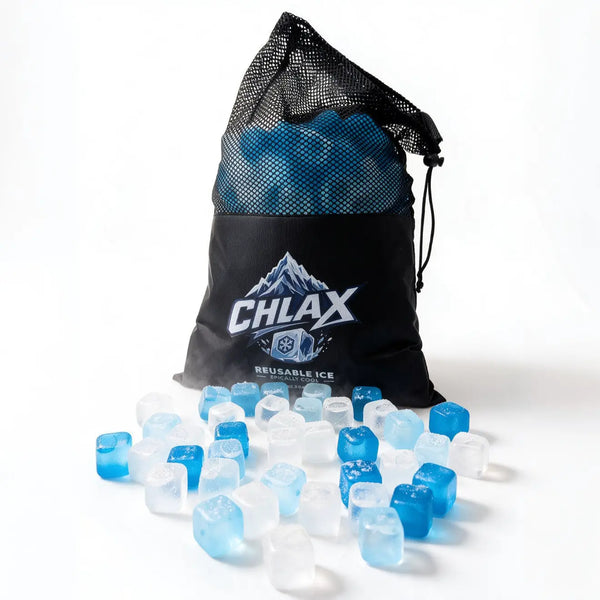 A black mesh drawstring bag with the brand name CHLAX printed on the front, filled with reusable translucent ice cubes, with several blue and clear ice cubes scattered in front on a white background.