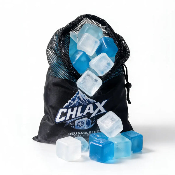 A black mesh drawstring bag with the CHLAX logo, shown on a white background with reusable translucent ice cubes inside and in front of it.