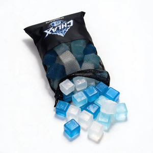 A black mesh drawstring bag with a blue and white 'CHLAX' logo, shown spilling out translucent blue and clear ice cube-shaped pieces on a white background.