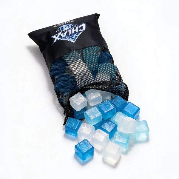 A black mesh drawstring bag with a blue and white 'CHLAX' logo, shown spilling out translucent blue and clear ice cube-shaped pieces on a white background.
