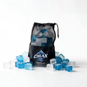 A black mesh drawstring bag with the brand name CHLAX printed on the front, filled with reusable ice cubes and surrounded by scattered blue and clear ice cubes on a white studio background.