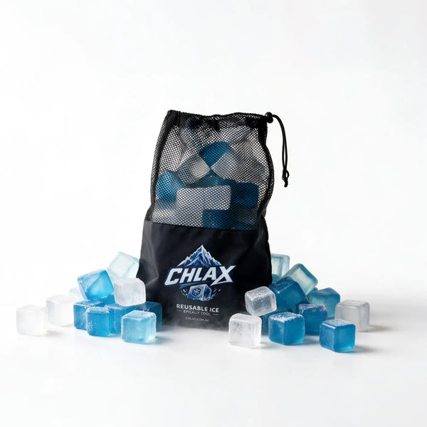 A black mesh drawstring bag with the brand name CHLAX printed on the front, filled with reusable ice cubes and surrounded by scattered blue and clear ice cubes on a white studio background.