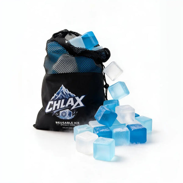 A black mesh drawstring bag with the brand name CHLAX printed in white on the front, shown with reusable blue and clear ice cubes spilling out on a clean white background.