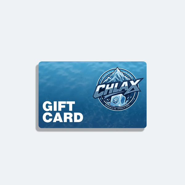 A blue CHLAX gift card with a textured water-like background, featuring the CHLAX logo and the words 'GIFT CARD' in white, shown on a light gray background.