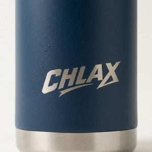 Close-up of a dark blue insulated tumbler with a brushed silver metal base and a silver 'CHLAX' logo printed on the front.