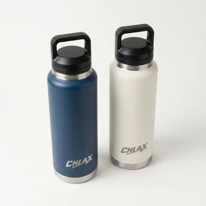 Two insulated water bottles with black handles and lids, one in matte navy blue and one in matte white, both with the CHLAX logo near the bottom, on a clean white background.