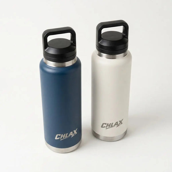 Two insulated water bottles with black handles and lids, one in matte navy blue and one in matte white, both with the CHLAX logo near the bottom, on a clean white background.