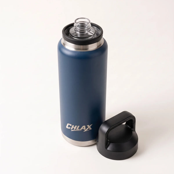 A dark blue CHLAX insulated water bottle with a stainless steel neck and base, shown next to its black carrying loop lid on a clean white background.