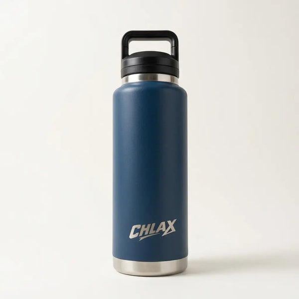 A blue insulated water bottle with a black lid and handle, featuring the CHLAX logo in white near the bottom, set against a plain light background.