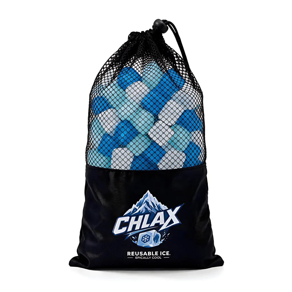 A black mesh drawstring bag with the brand name CHLAX printed on the front, filled with reusable blue and clear ice cubes, arranged on a white background.