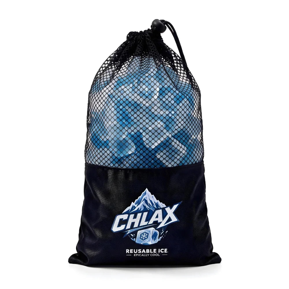 A black mesh drawstring bag with the brand name CHLAX printed on the front, filled with reusable blue and clear ice cubes, arranged on a white background.