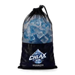 A black mesh drawstring bag with the CHLAX logo, filled with blue and clear CHLAX reusable ice cubes, on a white background.
