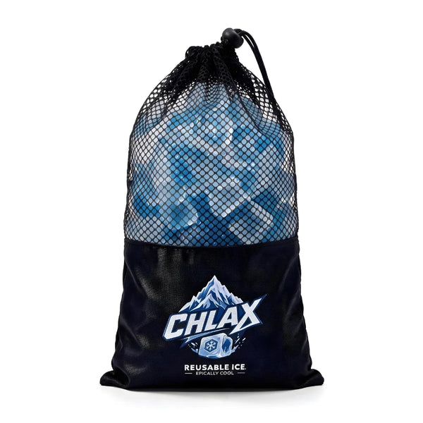 A black mesh drawstring bag with the CHLAX logo, filled with blue and clear CHLAX reusable ice cubes, on a white background.