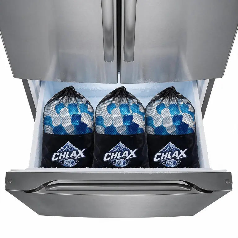 Three black mesh drawstring ice bags with blue and white printed graphics and the brand name CHILAX, displayed inside the freezer drawer of a stainless steel refrigerator.