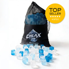 A black mesh drawstring bag with the CHLAX logo, filled with translucent blue and clear reusable ice cubes, arranged on a white background with a yellow 'TOP SELLER 4.9/5.