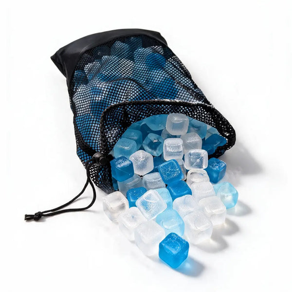 Blue and clear ice cubes spilling out of a black mesh drawstring bag on a white background.