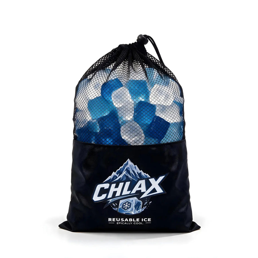 A black reusable drawstring bag filled with blue and white reusable ice cubes, featuring the CHLAX logo on the front.