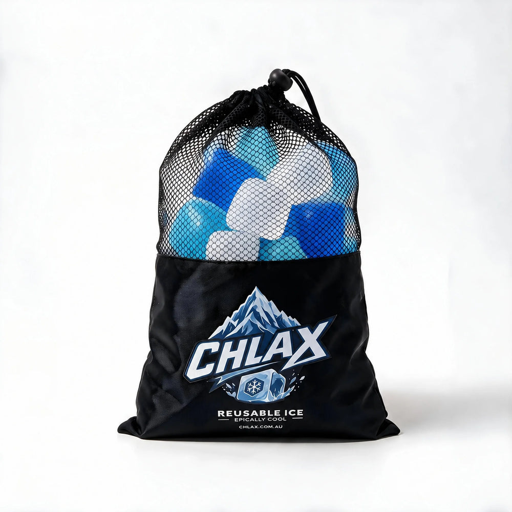A black mesh drawstring bag with the CHLAX logo, shown on a white background with reusable translucent ice cubes inside and in front of it.