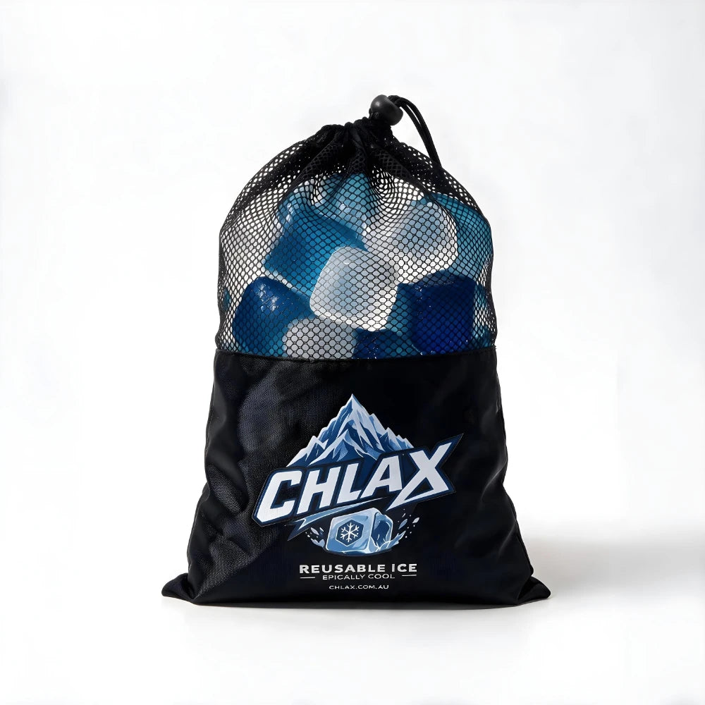 A black mesh drawstring bag with the CHLAX logo, shown on a white background with reusable translucent ice cubes inside and in front of it.