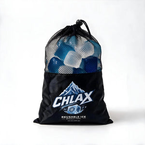 A black reusable drawstring bag filled with blue and white reusable ice cubes, featuring the CHLAX logo on the front, set against a plain white background.