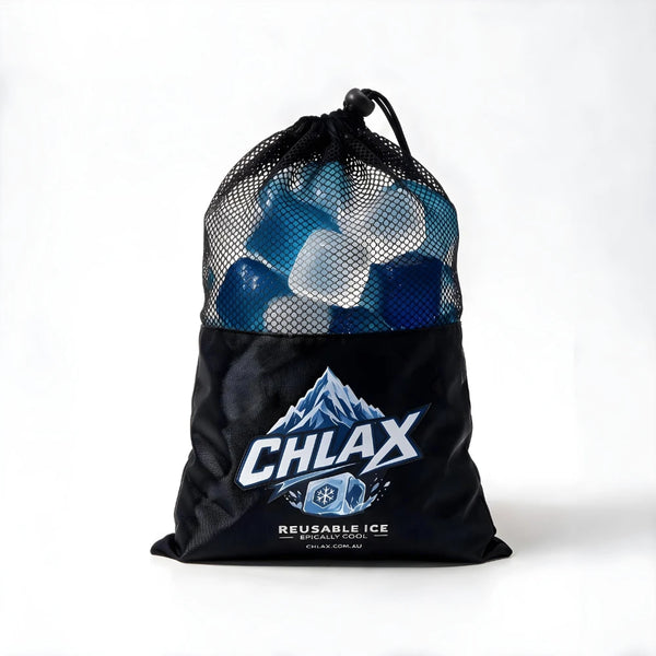 A black reusable drawstring bag filled with blue and white reusable ice cubes, featuring the CHLAX logo on the front, set against a plain white background.
