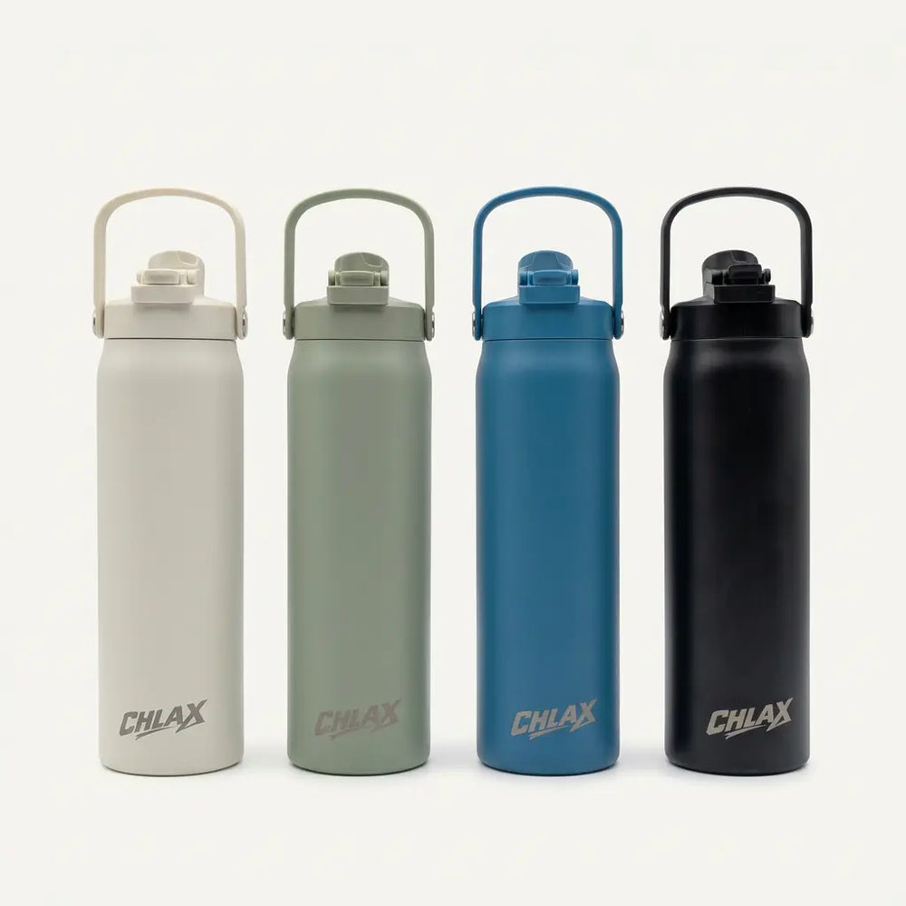 Four insulated water bottles with carrying loops, shown side by side in light gray, sage green, medium blue, and black. Each bottle has the CHLAX logo near the bottom and is photographed on a clean white background.