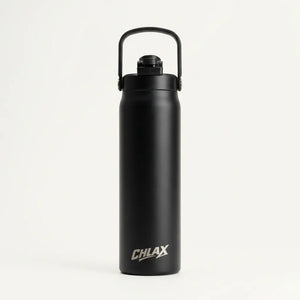 A matte black insulated water bottle with a carrying loop lid, featuring the brand name 'CHLAX' printed in white near the bottom, set against a clean white background.