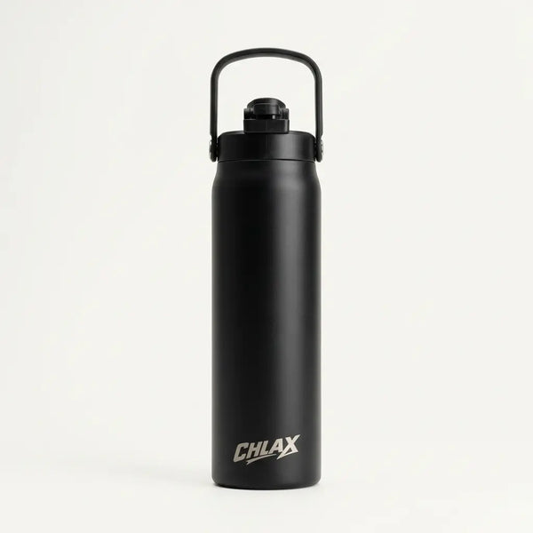 A matte black insulated water bottle with a carrying loop lid, featuring the brand name 'CHLAX' printed in white near the bottom, set against a clean white background.