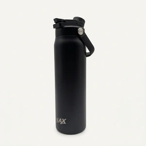 A matte black insulated water bottle with a flip-top lid and carrying loop, featuring the Alax logo near the bottom, set against a plain off-white background.