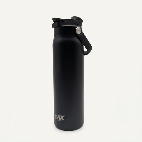 A matte black insulated water bottle with a flip-top lid and carrying loop, featuring the Alax logo near the bottom, set against a plain off-white background.