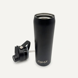 A matte black insulated travel tumbler with a matching black lid and straw, shown on a light gray background. The brand name 'CHLAX' is printed in silver near the bottom of the cup.