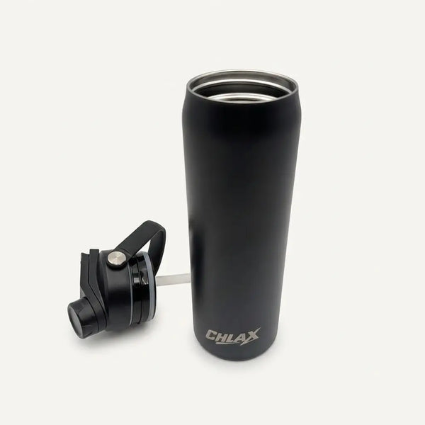 A matte black insulated travel tumbler with a matching black lid and straw, shown on a light gray background. The brand name 'CHLAX' is printed in silver near the bottom of the cup.