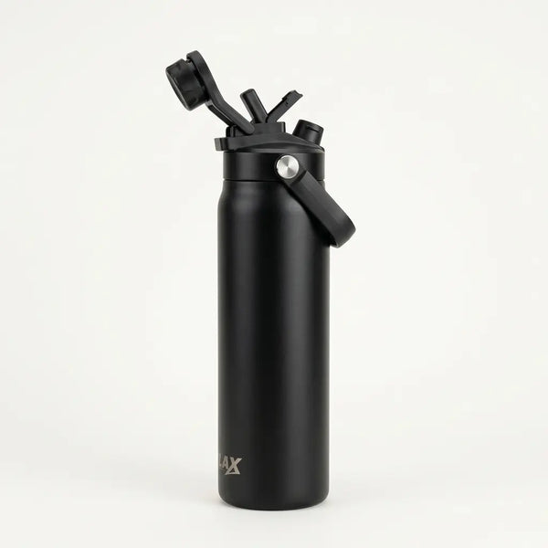 A matte black insulated water bottle with a flip-top lid and carrying loop, shown on a clean white background.