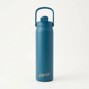 A matte blue insulated water bottle with a matching blue carry handle lid, featuring the CHLAX logo near the bottom, set against a clean white background.