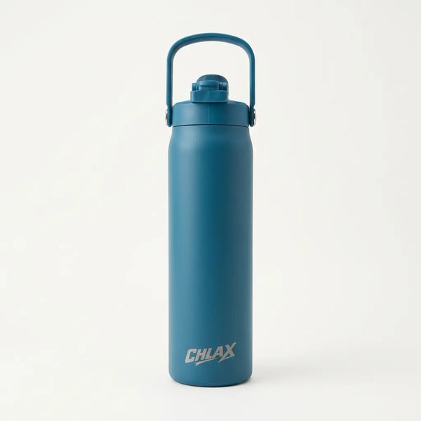 A matte blue insulated water bottle with a matching blue carry handle lid, featuring the CHLAX logo near the bottom, set against a clean white background.