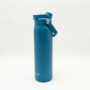 A matte blue insulated water bottle with a flip-top lid and carrying loop, shown on a clean white background.