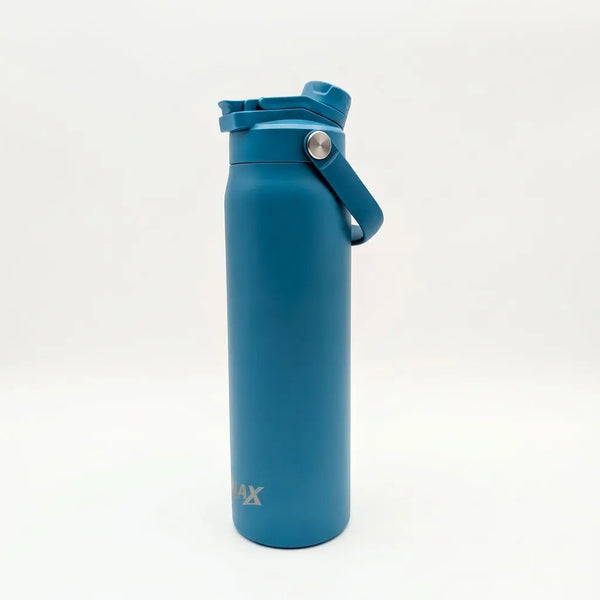A matte blue insulated water bottle with a flip-top lid and carrying loop, shown on a clean white background.
