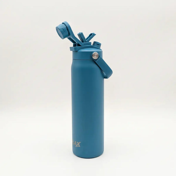 A matte blue insulated water bottle with a flip-top lid and carrying loop, shown on a clean white background.